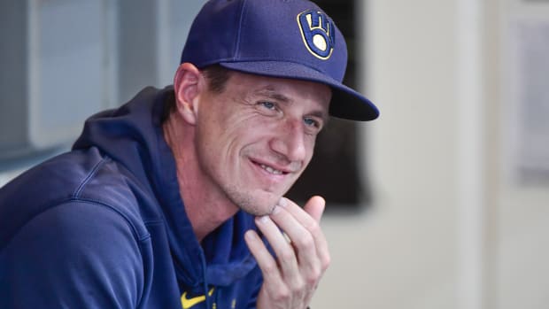 Aug 26, 2023; Milwaukee, Wisconsin, USA; Milwaukee Brewers manager Craig Counsell relaxes before game against the San Diego Padres at American Family Field. Mandatory Credit: Benny Sieu-USA TODAY Sports